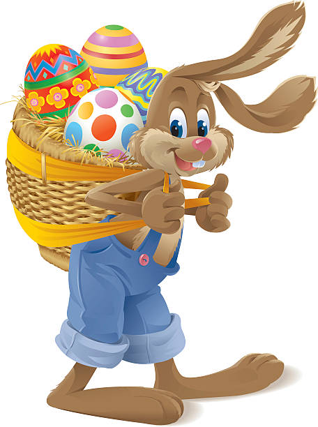 Vector illustration of an Easter Bunny carrying a basket with 4 eggs in it. Includes AI8-EPS, AI8, PDF, PNG and highres JPG (30cm high, 300 dpi)